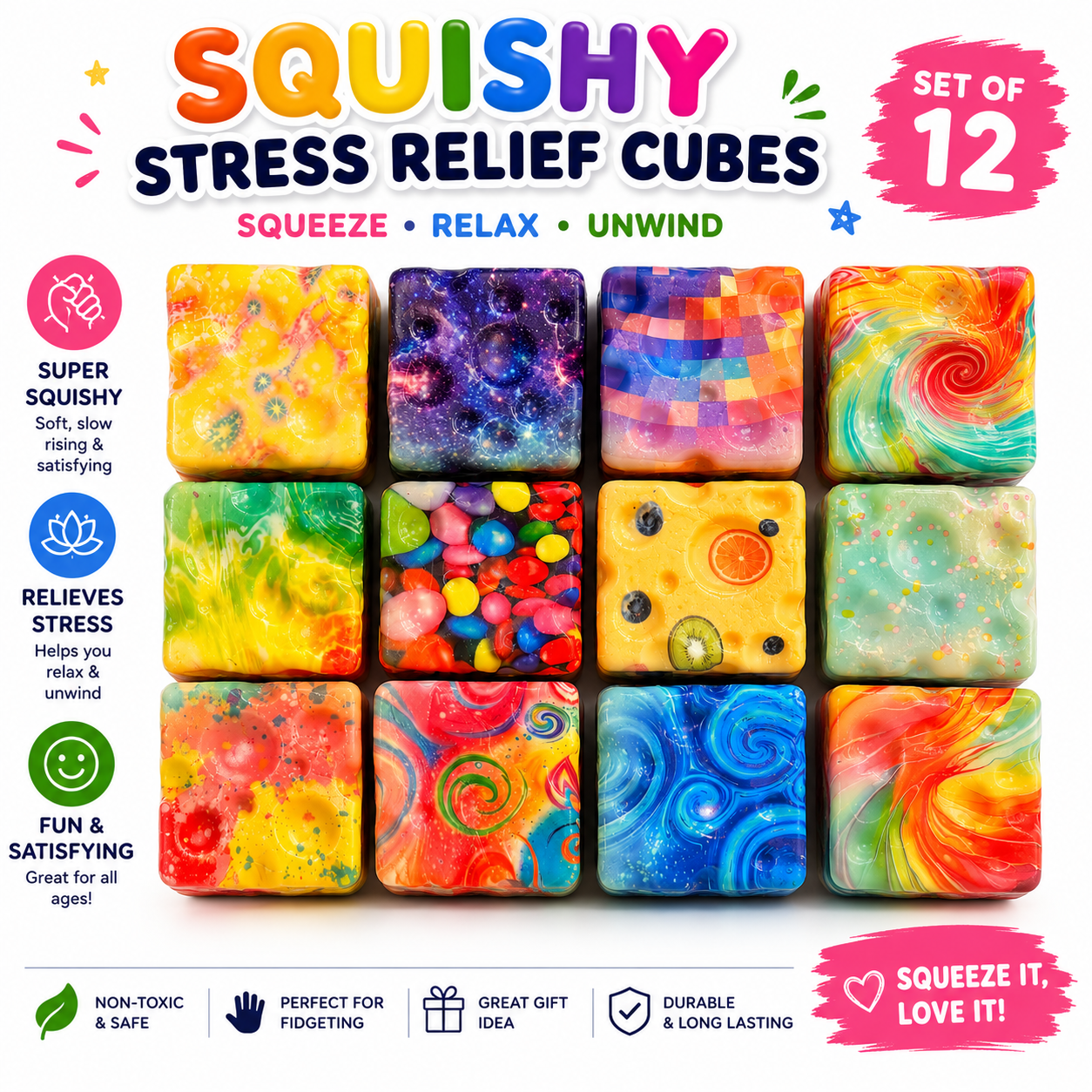 Squishy Cube Toy - 12 Pcs Set - Slow Rising Sensory Fidget Cube - Soft Stress Relief Squeeze Toy for Kids and Adults Nirvana Guru
