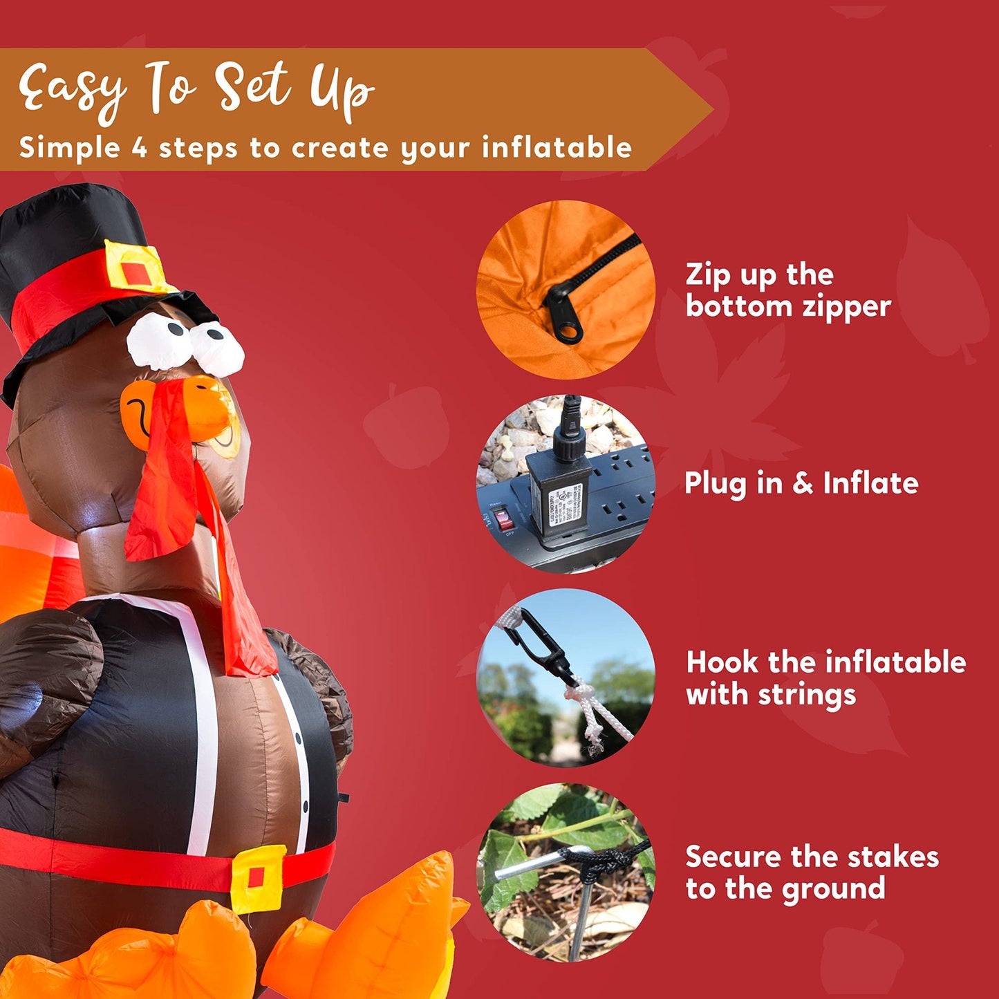 Joyfy 6FT Thanksgiving Inflatable Turkey with Pilgrim Hat and LED , Perfect for Thanksgiving Yard Inflatable Decorations nirvanaguru