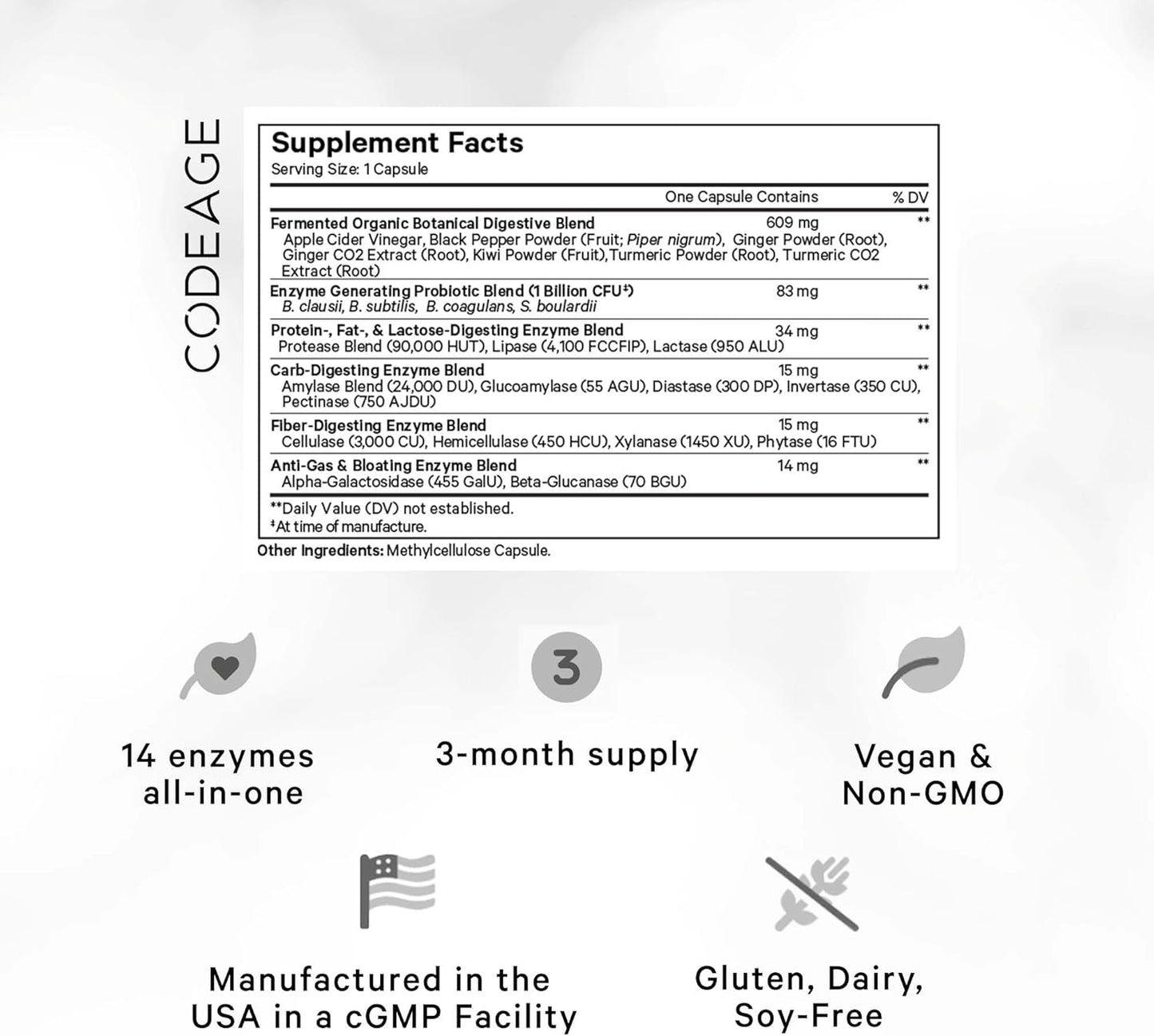 Codeage Fermented Digestive Enzymes Supplement 3-Month Supply - 14 Digestive Enzymes, Probiotics, Prebiotics, Fermented Botanicals, Plant-Based Multi Pancreatic Enzymes - 1 Capsule a Day - 90 Capsules - Nirvana Guru
