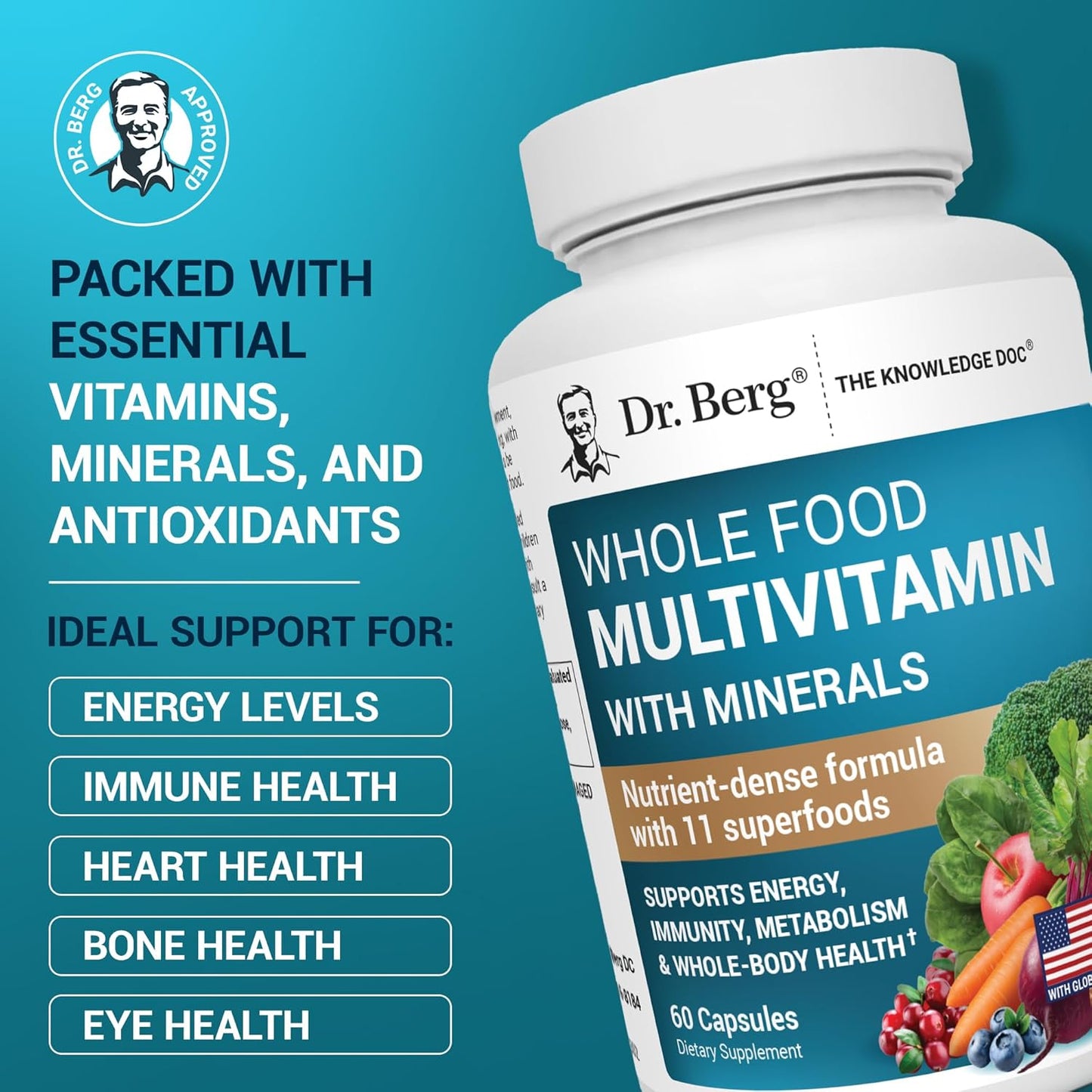 Dr. Berg Whole Food Multivitamin with Minerals - Daily Multivitamin for Men and Women - Includes Premium Whole Food Fruits and Vegetable Blend with Folate, Alpha-lipoic Acid and More - 60 Capsules - Nirvana Guru