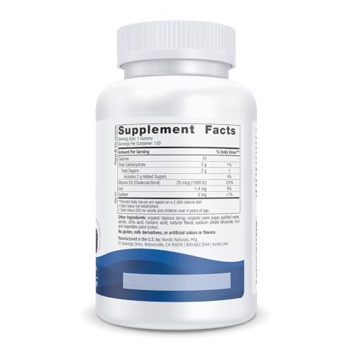 Nordic Naturals Vitamin D3 Gummies, Wild Berry - 120 Gummies - 1000 IU Vitamin D3, 1.4 mg Iron - Great Taste - Healthy Bones, Mood & Immune System Function - Non-GMO - 120 Servings - Nirvana Guru