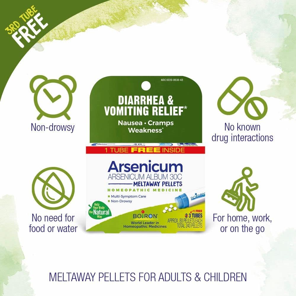 Boiron Arsenicum Album 30C Homeopathic Medicine for Relief from Diarrhea, Nausea, Vomiting, Cramps, and Traveler's Diarrhea - 3 Count (240 Pellets) - Nirvana Guru