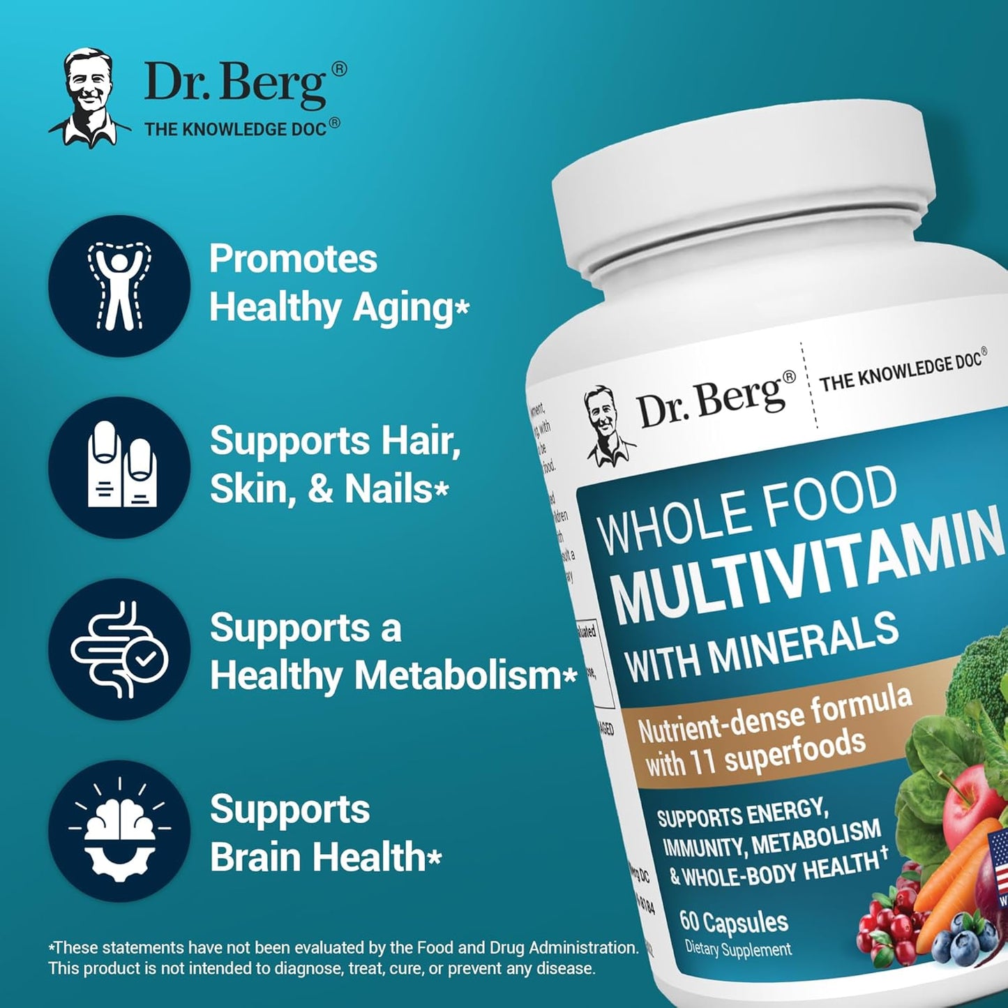 Dr. Berg Whole Food Multivitamin with Minerals - Daily Multivitamin for Men and Women - Includes Premium Whole Food Fruits and Vegetable Blend with Folate, Alpha-lipoic Acid and More - 60 Capsules - Nirvana Guru