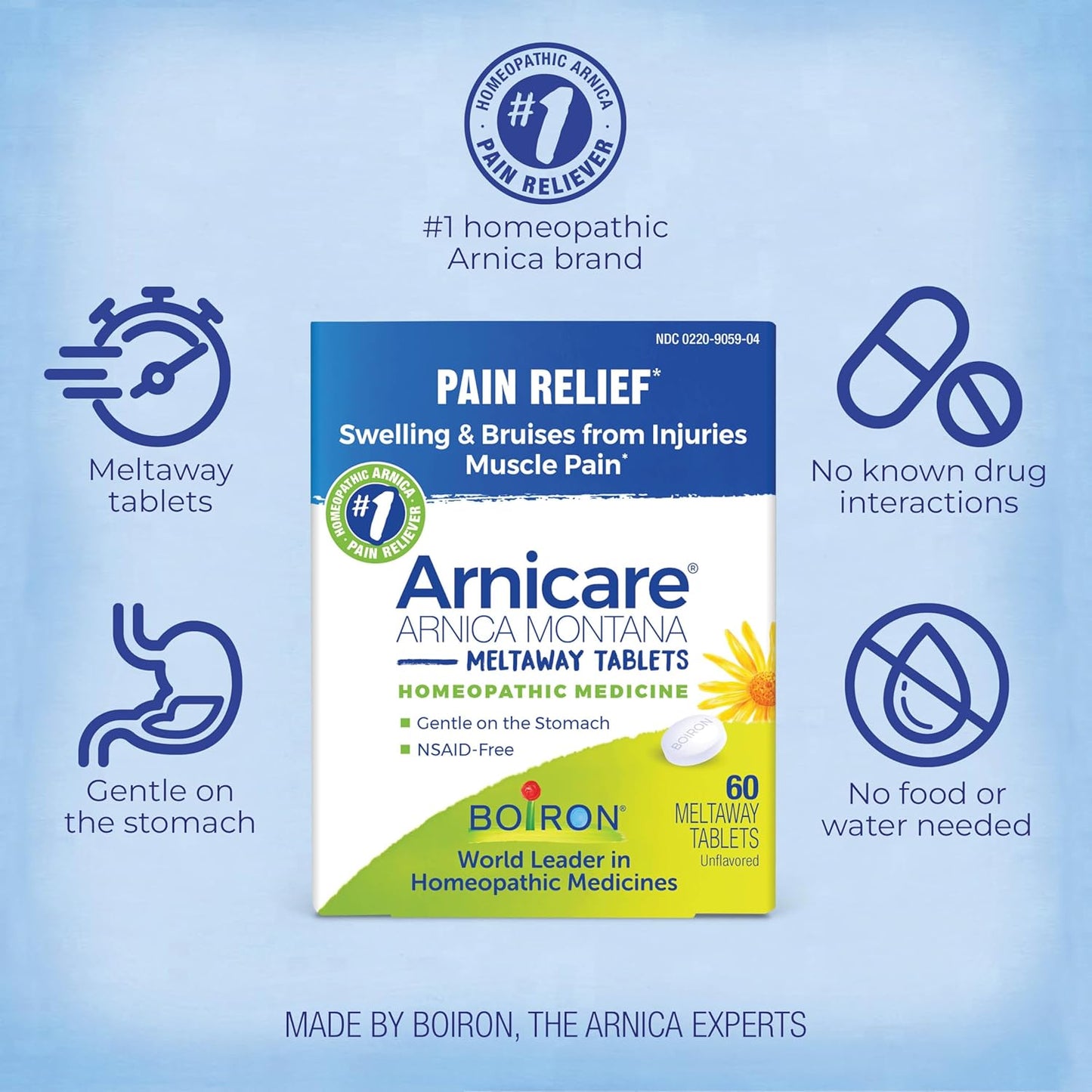 Boiron Arnicare Tablets for Pain Relief from Muscle Pain, Joint Soreness, Swelling from Injury or Bruises - 60 Count - Nirvana Guru