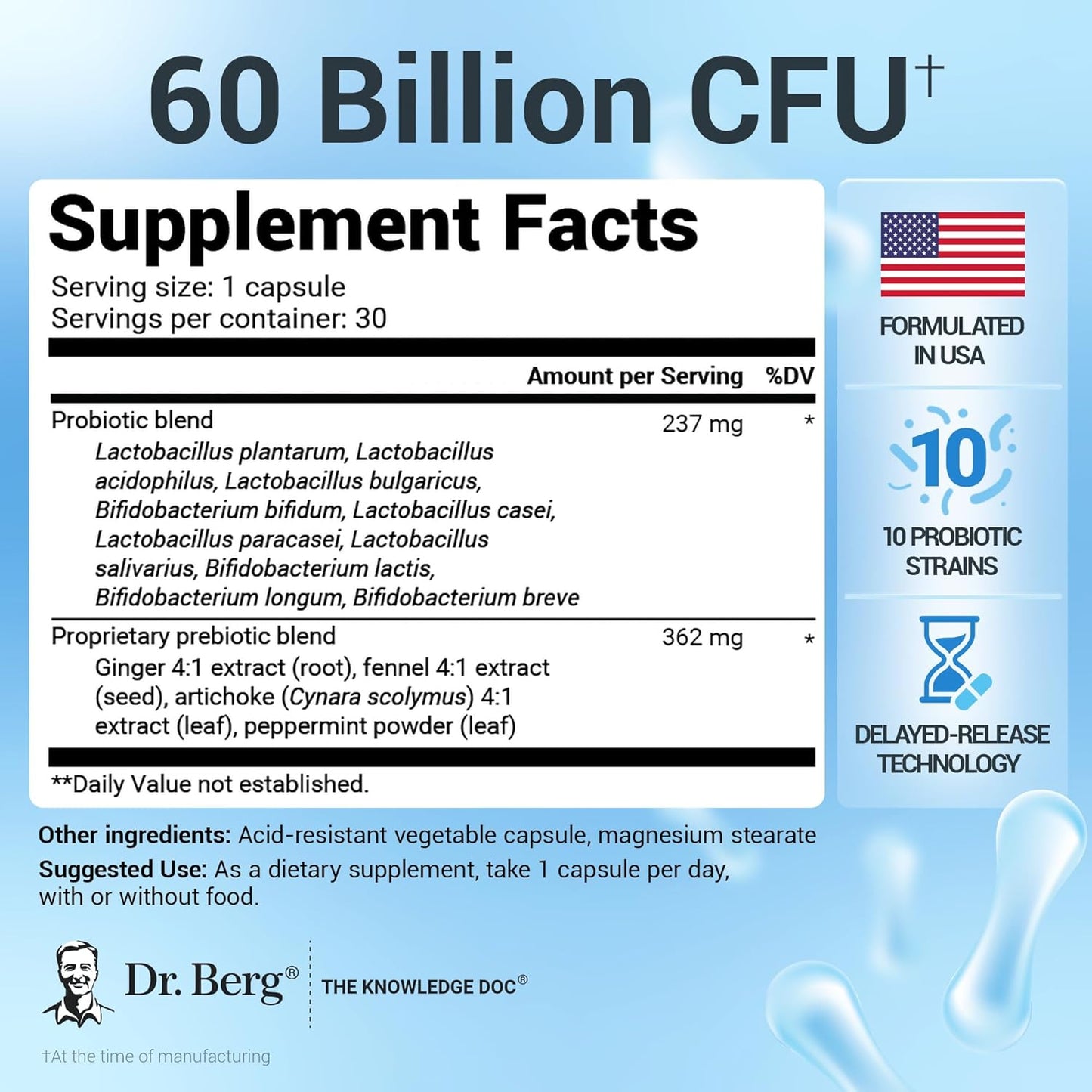Dr. Berg Probiotic Supplement (60 Billion CFUs) - Helps Ease Occasional Constipation, Diarrhea, Gas & Bloating* - Pre and Probiotics for Digestive Health - 30 Probiotic Capsules - Nirvana Guru