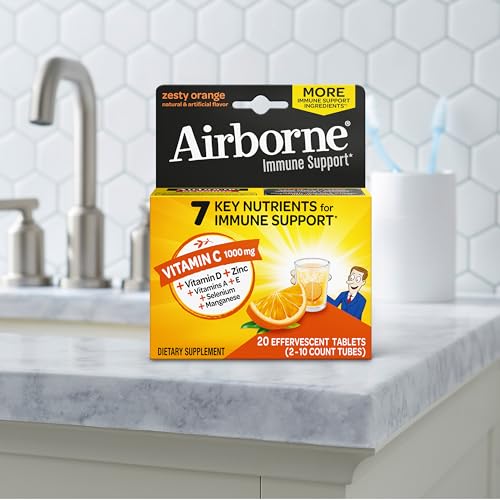 Airborne 1000mg Vitamin C With Zinc Effervescent Tablets, Immune Support Supplement With Powerful Antioxidants Vitamins A C & E - 20 Fizzy Drink Tablets, Zesty Orange Flavor Nirvana Guru