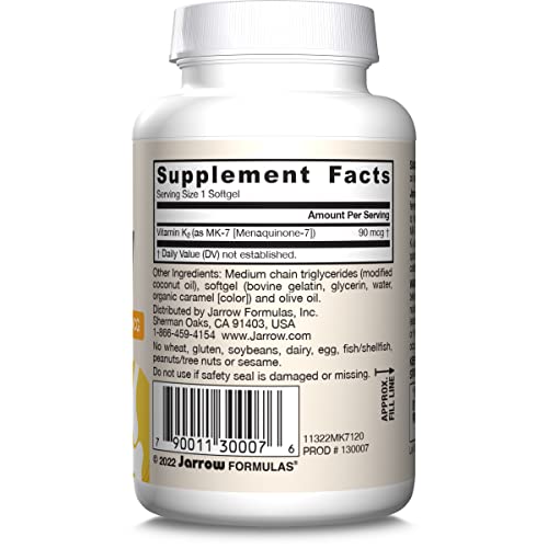 Jarrow Formulas MK-7 90 mcg - Bioactive Form of Vitamin K2 - 120 Servings (Softgels) - For Bone & Cardiovascular Health - Vitamin K2 MK-7 Dietary Supplement - K2 Vitamin Supplement MK-7 - Gluten Free - Nirvana Guru
