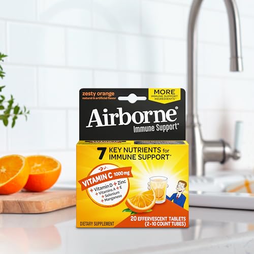 Airborne 1000mg Vitamin C With Zinc Effervescent Tablets, Immune Support Supplement With Powerful Antioxidants Vitamins A C & E - 20 Fizzy Drink Tablets, Zesty Orange Flavor Nirvana Guru