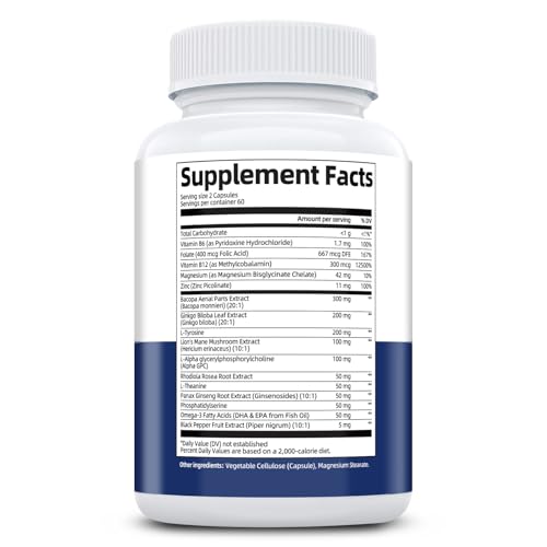 Brain Supplements for Memory & Focus - Nootropic with Bacopa Monnieri, Lion's Mane, Alpha GPC, Phosphatidylserine | Supports Mental Clarity & Cognitive Function | Vitamin B6 & B12-120 Capsules - Nirvana Guru