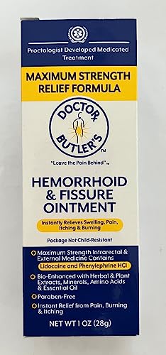 Doctor Butler’s Hemorrhoid & Fissure Ointment – Hemorrhoid Treatment and Hemorrhoid Cream with Lidocaine and Phenylephrine HCI for Fast Acting Relief of Pain, Swelling, Discomfort, and Itching (1 oz.)