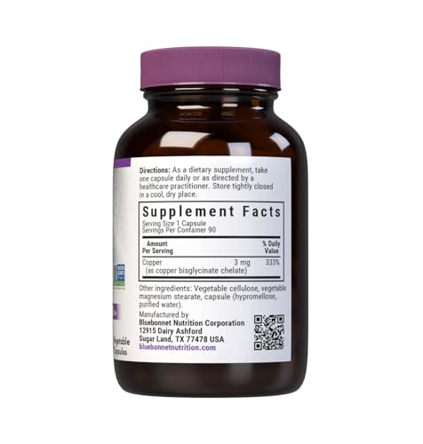 Bluebonnet Nutrition Albion Chelated Copper, 3 mg of Copper, For Nervous System & Immune Health*, Soy-Free, Gluten-Free, Non-GMO, Kosher Certified, Dairy-Free, Vegan, 90 Vegetable Capsule, 90 Servings Nirvana Guru