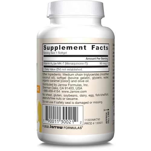 Jarrow Formulas MK-7 90 mcg - Bioactive Form of Vitamin K2 - 120 Servings (Softgels) - For Bone & Cardiovascular Health - Vitamin K2 MK-7 Dietary Supplement - K2 Vitamin Supplement MK-7 - Gluten Free - Nirvana Guru