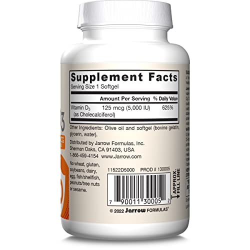Jarrow Formulas Vitamin D3 125 mcg (5000 IU) - 100 Servings (Softgels) - Bone Health, Immune Support & Calcium Metabolism Support - Vitamin D Supplement - D3 Vitamins - 5000 IU Vitamin D - Gluten Free - Nirvana Guru