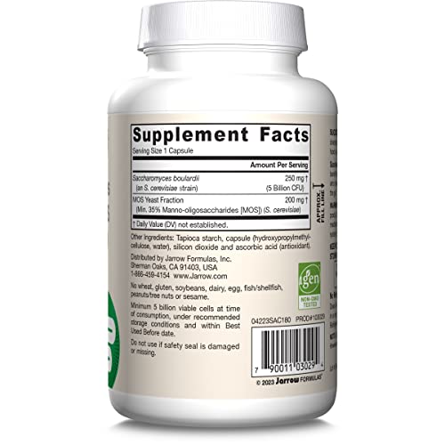 Jarrow Formulas Saccharomyces Boulardii Probiotics + MOS 5 Billion CFU Probiotic Yeast for Intestinal Health Support, Gut Health Supplements for Women and Men, 180 Veggie Capsules, 180 Day Supply - Nirvana Guru