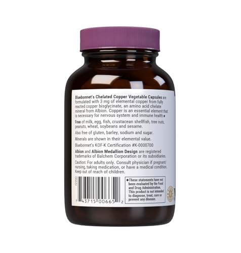 Bluebonnet Nutrition Albion Chelated Copper, 3 mg of Copper, For Nervous System & Immune Health*, Soy-Free, Gluten-Free, Non-GMO, Kosher Certified, Dairy-Free, Vegan, 90 Vegetable Capsule, 90 Servings Nirvana Guru