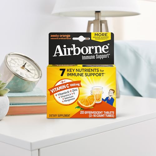 Airborne 1000mg Vitamin C With Zinc Effervescent Tablets, Immune Support Supplement With Powerful Antioxidants Vitamins A C & E - 20 Fizzy Drink Tablets, Zesty Orange Flavor Nirvana Guru