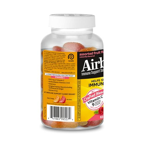 Airborne Vitamin C 500mg (per Serving) - Assorted Fruit Flavored Kids Gummies (63 Count in a Bottle), Gluten-Free Immune Support Supplement with Vitamins C E, Selenium Nirvana Guru