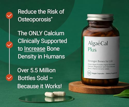 ALGAECAL Organic Red Algae Calcium Supplement for Bone Density, Vitamin K2 MK7 (100mg), Vitamin D3 (1600 IU), Magnesium (350mg) & Trace Minerals & Strength, Easy to Swallow, 120 Veggie Caps Nirvana Guru