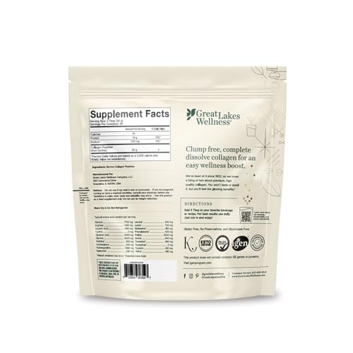 Great Lakes Wellness Collagen Peptides Powder for Skin, Hair, Nails, Joints & Digestion - Unflavored - Quick Dissolve Hydrolyzed, Non-GMO, Keto, Kosher - 16oz