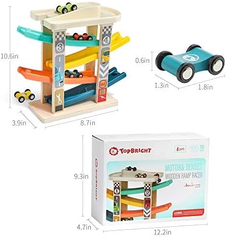TOP Bright Toddler Wooden Race Track Car Ramp Toys for 1 2 Year Old Baby Motor Skills Race Tracks Car Ramp Vehicle Playsets with 4 Mini Cars and 1 Car Garage nirvanaguru