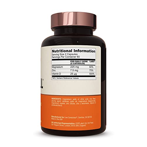 Live Conscious Magwell Magnesium Zinc & Vitamin D3 - Magnesium Glycinate, Malate, & Citrate - Triple Supplement for Women & Men - for Sleep, Bone, Heart, Immune Support - 120 Caps Nirvana Guru