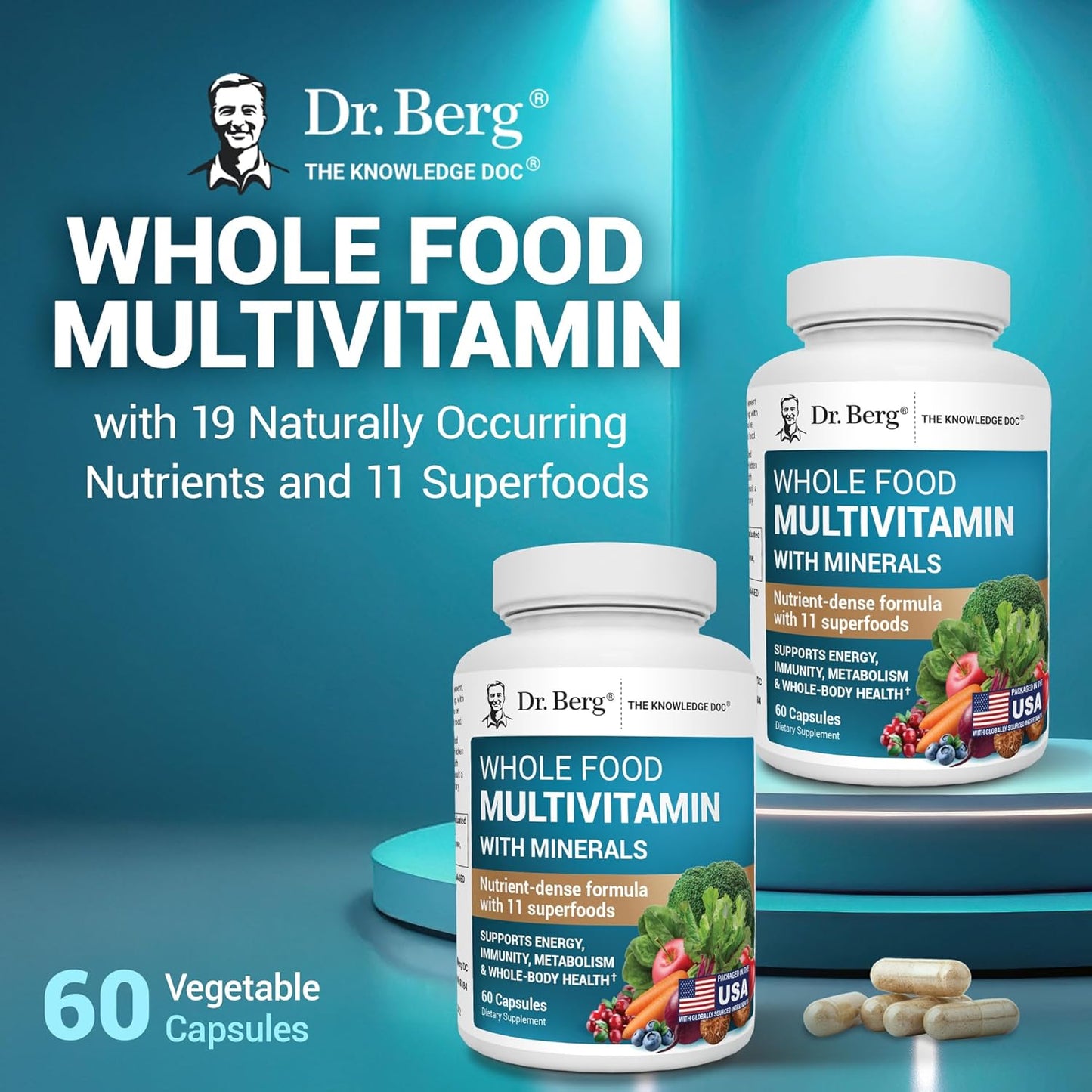 Dr. Berg Whole Food Multivitamin with Minerals - Daily Multivitamin for Men and Women - Includes Premium Whole Food Fruits and Vegetable Blend with Folate, Alpha-lipoic Acid and More - 60 Capsules - Nirvana Guru