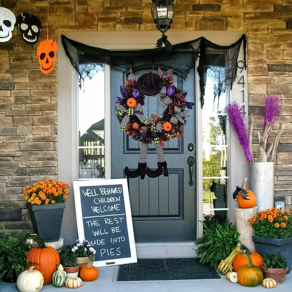 Halloween Wreath with Hat Legs Pumpkin Door Hanging Garland Front Door for Halloween Decorations nirvanaguru