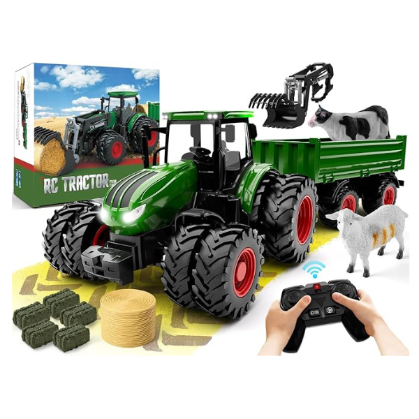 Remote Control Tractor Toy, Kids RC Tractor Set & Truck and Trailer Front Loader - Metal Car Head/8 Wheel/Light, Toddlers Farm Vehicle Toys for 3 4 5 6 7 8 9 Year Old Boys Girls Birthday Gift Nirvana Guru