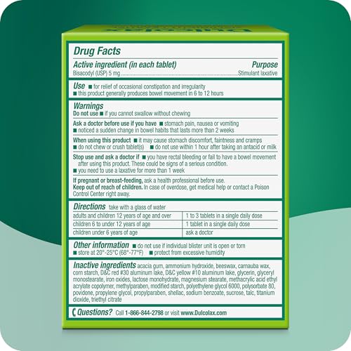 Dulcolax Stimulant Laxative Tablets, Predictable & Effective Constipation Relief, Relieves Straining & Bloating, Bisacodyl 5 mg, 100 Count