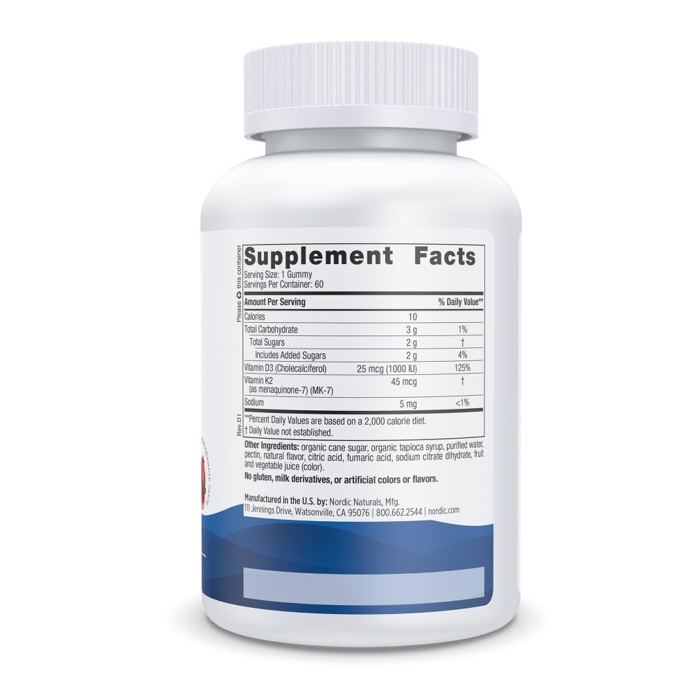 Nordic Naturals Vitamin D3 + K2 Gummies, Pomegranate - 60 Gummies - 1000 IU Vitamin D3 + 45 mcg K2 - Great Taste - Bone Health, Promotes Healthy Muscle Function - Non-GMO - 60 Servings - Nirvana Guru