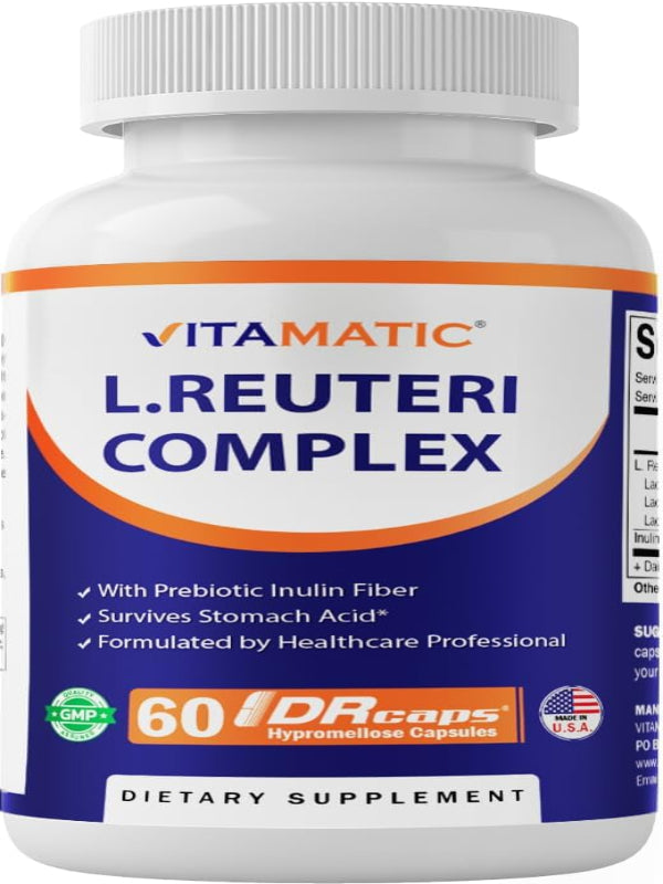 Vitamatic Lactobacillus Reuteri Complex – 22 Billion CFU per Delayed Release Capsule – 60 Capsules – Digestive & Gut Health Support – with Prebiotic Inulin Fiber - Nirvana Guru