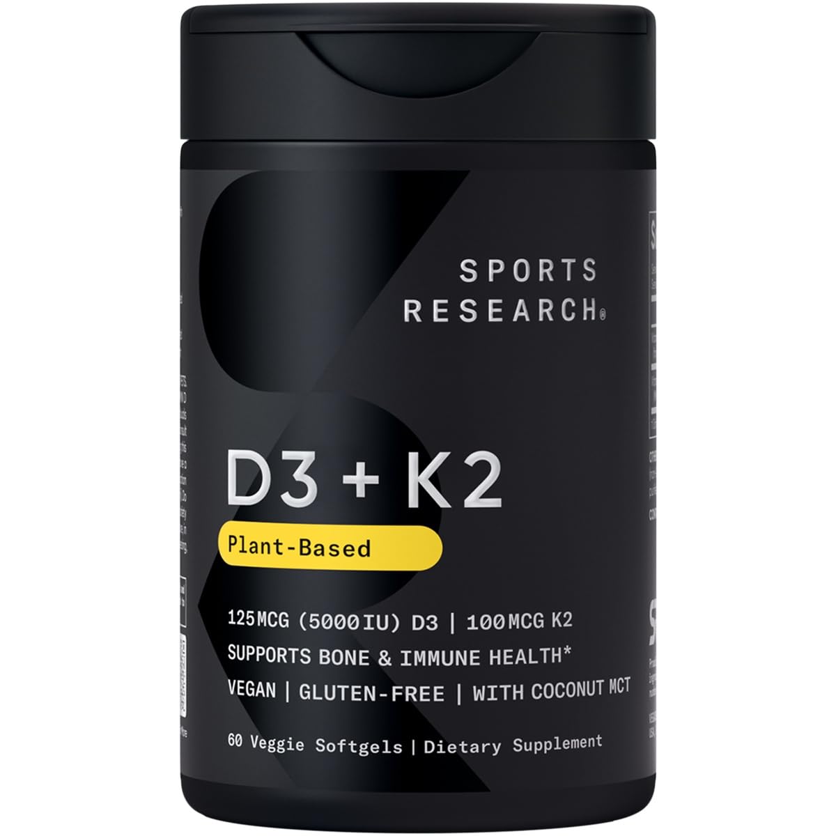 Sports Research® Vitamin D3 + K2 with Coconut MCT Oil | Vegan D3 2500iu (62.5mcg) & Plant Based Vitamin K2 100mcg | Vegan Certified, Soy & Gluten Free - 60 Softgels - Nirvana Guru