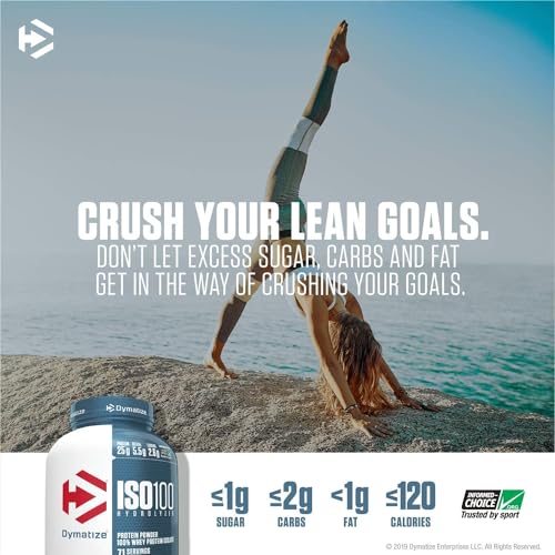 Dymatize ISO100 Whey Protein Powder Isolate, Gourmet Chocolate, 25g of Protein, 20 Servings, 5.5g BCAAs, Less Than 120 Cal., Gluten Free, 1g Fat, 1g Sugar, 2g Carb