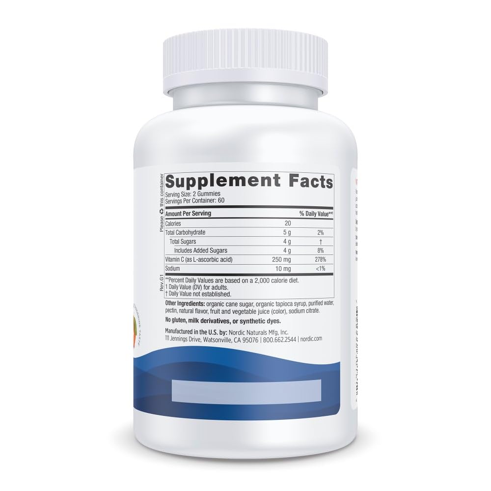 Nordic Naturals Vitamin C Gummies, Tart Tangerine - 120 Gummies - 250 mg Vitamin C - Immune Support, Antioxidant Protection, Child Growth & Development - Non-GMO, Vegan - 60 Servings - Nirvana Guru