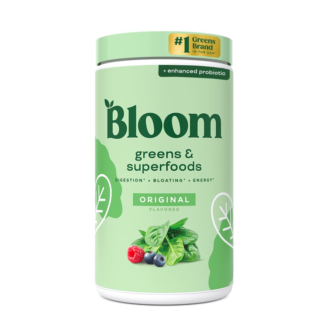 Bloom Nutrition Greens and Superfoods Powder for Digestive Health, Greens Powder, Digestive Enzymes, Probiotics, Spirulina, Chlorella for Bloating & Gut Support, Green Juice, 30 SVG, Strawberry Kiwi