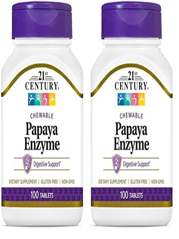 21st Century Papaya Enzyme Chewable (100 Count), Papaya & Pineapple Digestive Enzymes for Gut Health, Tropical Flavor, Non-GMO, Gluten-Free, No Added Salt, Yeast, Artificial Flavors
