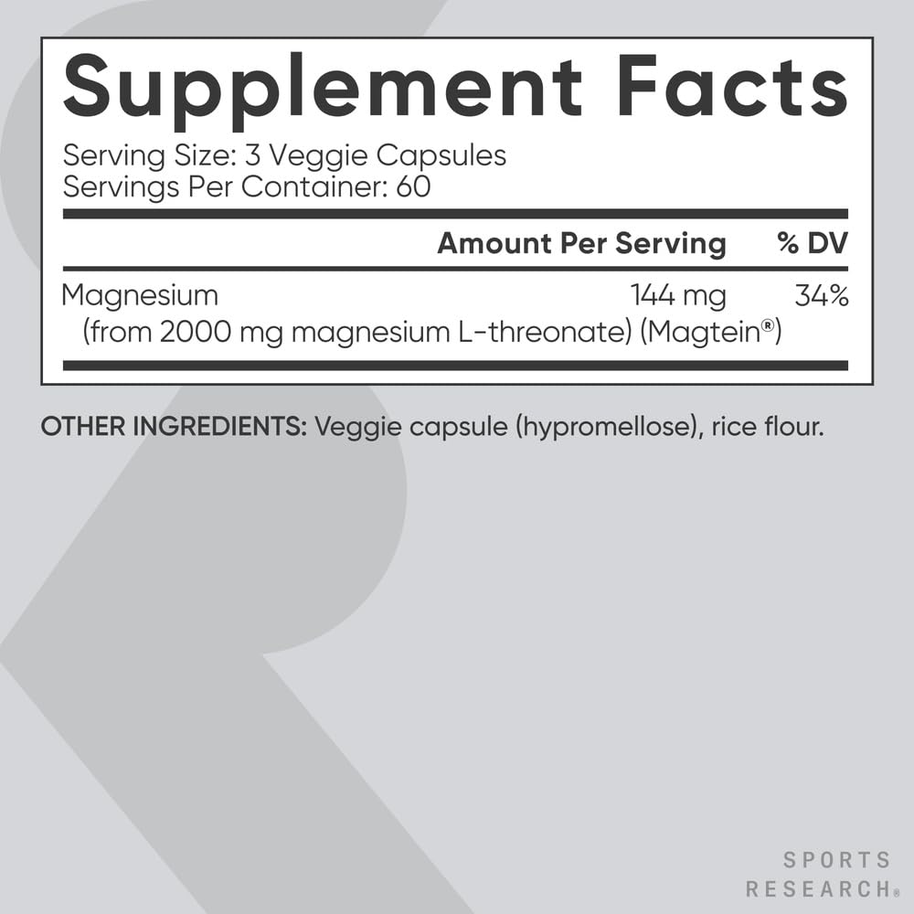 Sports Research Magtein Magnesium L-Threonate Capsules - Magnesium Supplement for Memory, Focus & Cognition - Magnesium L Threonate Supports Brain Health, Sleep & Mood - 2000mg, 90 Capsules for Adults - Nirvana Guru