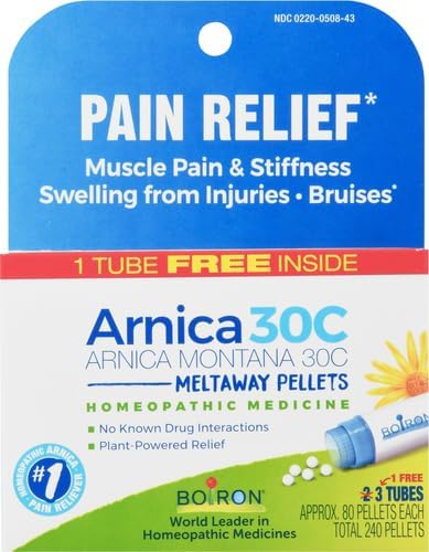Boiron Arnica Montana 30C Homeopathic Medicine for Relief from Muscle Pain, Muscle Stiffness, Swelling from Injury, and Discoloration from Bruises - 3 Count (240 Pellets) - Nirvana Guru