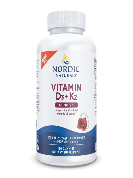 Nordic Naturals Vitamin D3 + K2 Gummies, Pomegranate - 60 Gummies - 1000 IU Vitamin D3 + 45 mcg K2 - Great Taste - Bone Health, Promotes Healthy Muscle Function - Non-GMO - 60 Servings - Nirvana Guru