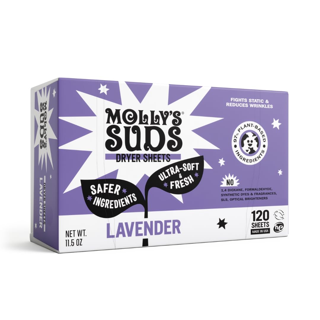 Molly's Suds Fabric Softener Dryer Sheets for Sensitive Skin | Plant-Based Static Reducer, Plastic-Free Packaging | Lavender (120 Sheets) Nirvana Guru