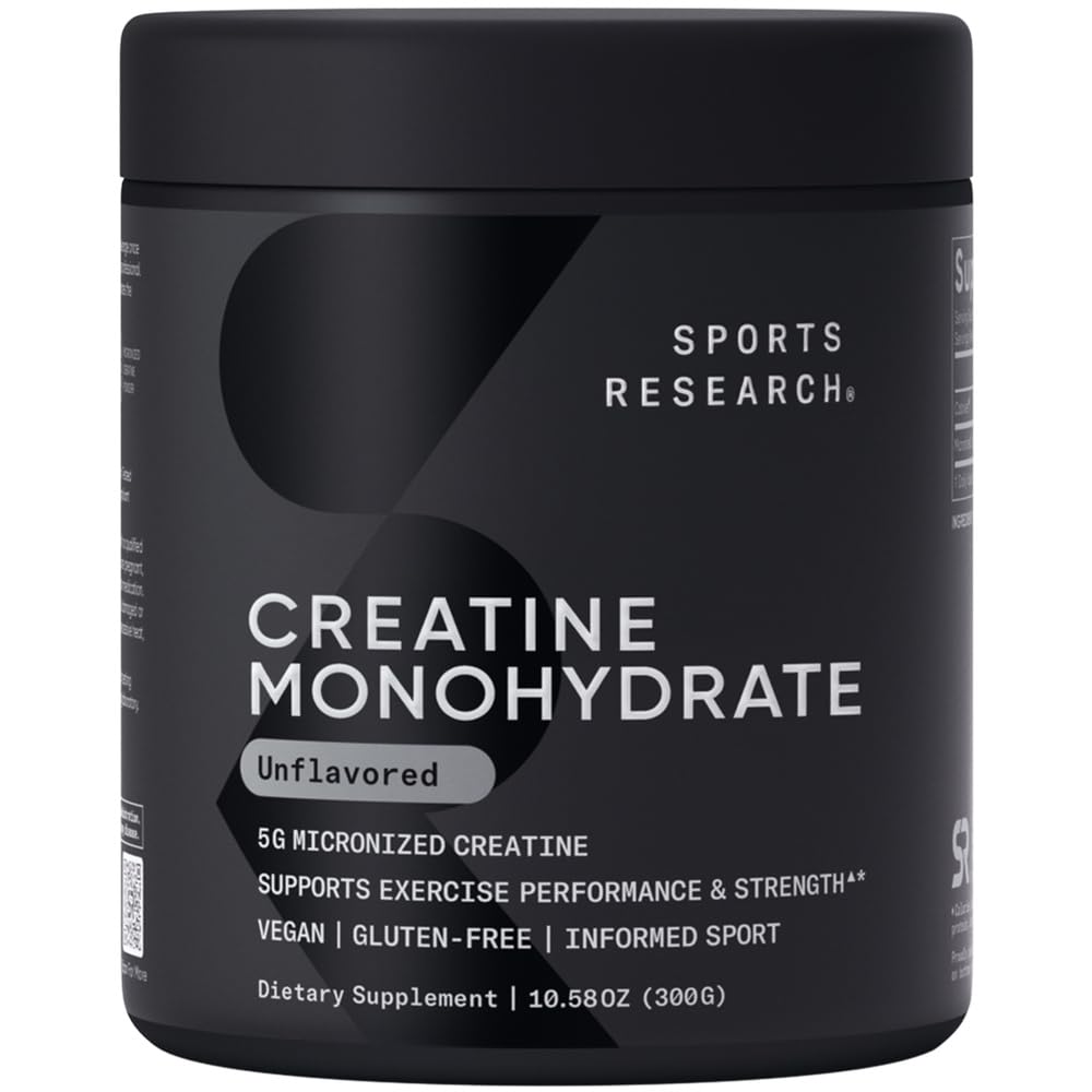 Sports Research Creatine Monohydrate - Gain Lean Muscle, Improve Performance and Strength and Support Workout Recovery - 5 g Micronized Creatine - 1.1LBS - Nirvana Guru