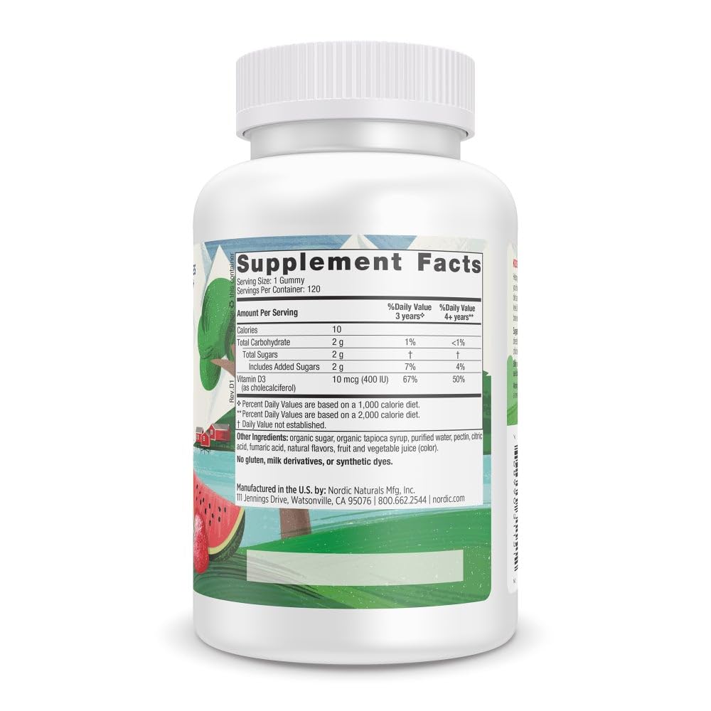 Nordic Naturals Vitamin D3 Gummies Kids, Wild Watermelon Splash - 120 Gummies - 400 IU Vitamin D3 - Bone Health, Healthy Immunity - Non-GMO, Vegetarian - 120 Servings - Nirvana Guru
