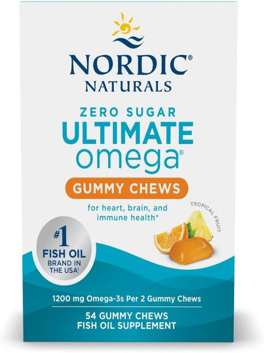 Nordic Naturals Zero Sugar Ultimate Omega Gummy Chews, Tropical Fruit, 54 Gummies, Supports Heart, Brain, and Immune Health, Non-GMO, Vegetarian, 27 Servings - Nirvana Guru