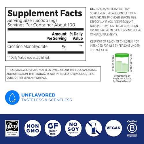 Orgain Creatine Monohydrate Micronized Powder, Unflavored, Supports Muscle Growth, Post Workout Recovery and Brain Health, No Artifical Additives, Non-GMO, 100 Servings, 17.64 Oz