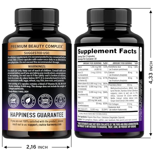 Biotin | Collagen | Keratin - Clinically Tested Supplement - Hair Growth Support, Skin & Nails - 25000 mcg Vitamins B2, B3, B6 & B7 + B1 & Hyaluronic Acid - Made in USA - Women & Men | 60 Capsules