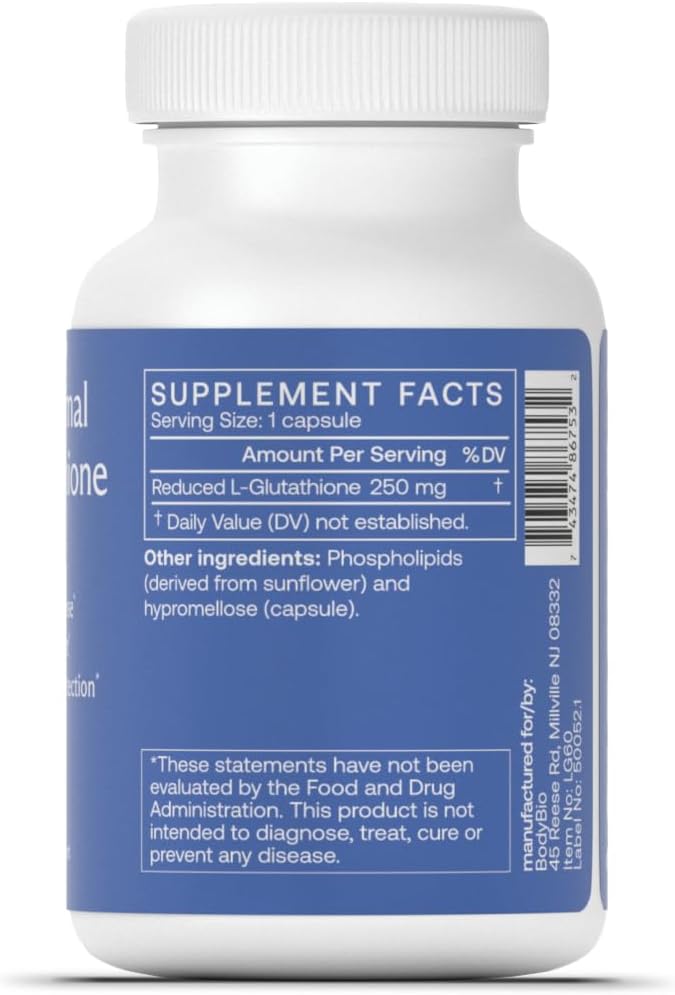 Bodybio Liposomal Glutathione | Body’s Most Powerful Antioxidant | Master Detoxification | Colon Cleanse| Optimal Cell Protection for Immune Defense | Enhanced Liposomal Absorption | 60 Capsules Nirvana Guru