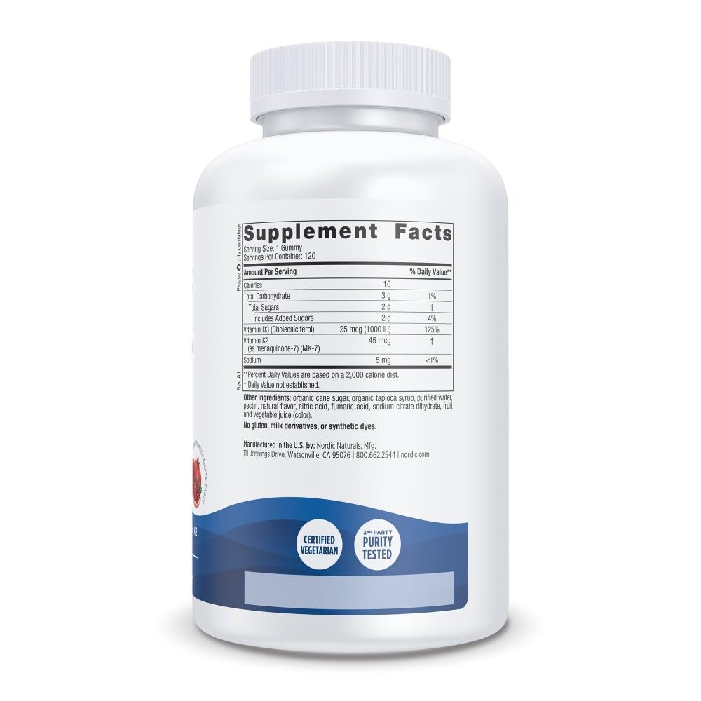 Nordic Naturals Vitamin D3 + K2 Gummies, Pomegranate - 60 Gummies - 1000 IU Vitamin D3 + 45 mcg K2 - Great Taste - Bone Health, Promotes Healthy Muscle Function - Non-GMO - 60 Servings - Nirvana Guru