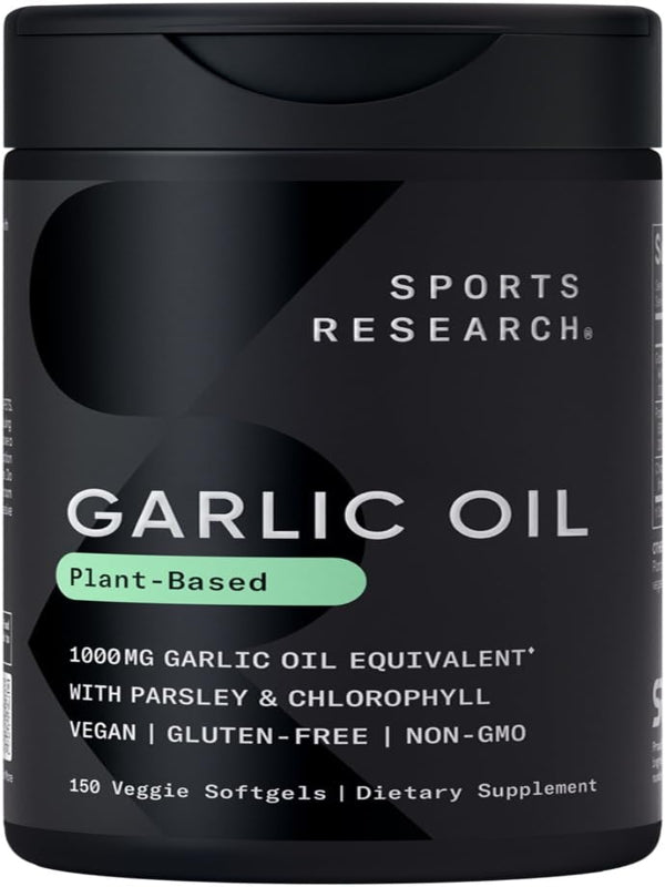 Sports Research Odorless Garlic Oil Pills (1000mg) with Parsley & Chlorophyll | Non-GMO Verified, Vegan Certified & Gluten Free (150 Plant Gels) - Nirvana Guru