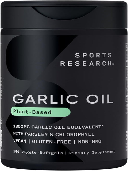 Sports Research Odorless Garlic Oil Pills (1000mg) with Parsley & Chlorophyll | Non-GMO Verified, Vegan Certified & Gluten Free (150 Plant Gels) - Nirvana Guru