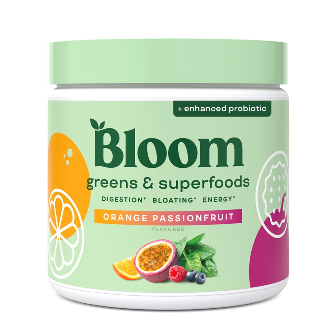 Bloom Nutrition Greens and Superfoods Powder for Digestive Health, Greens Powder, Digestive Enzymes, Probiotics, Spirulina, Chlorella for Bloating & Gut Support, Green Juice, 30 SVG, Strawberry Kiwi